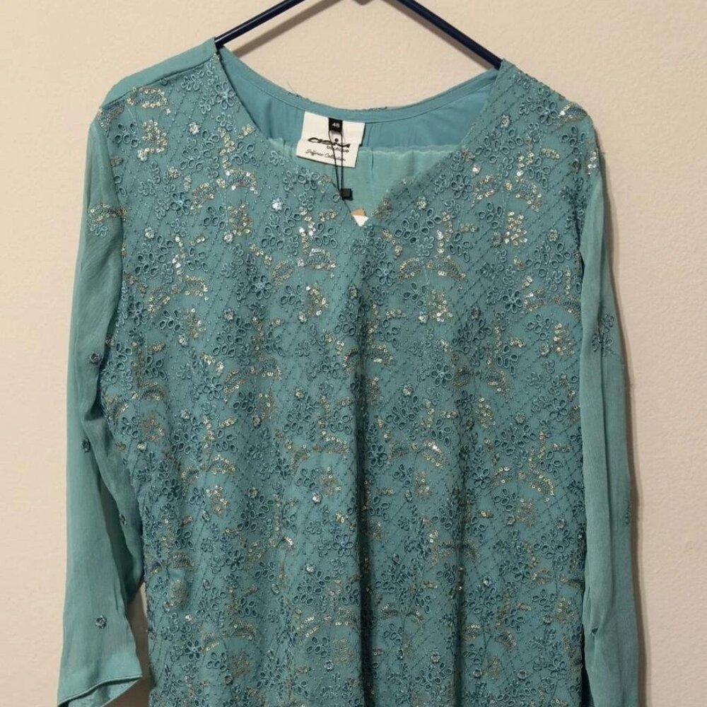 Women's Shalwar Kameez & Pant with Dupatta Set Light Teal Sea Green XL 48